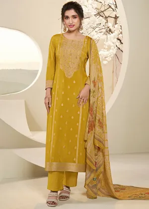 Amber Yellow Muslin Jacquard Suit Featuring Designer Yoke & Thread Weaving Work