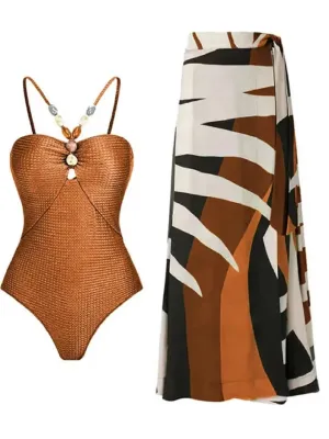 Beachy Drawstring Bodysuit With Long Skirt Swimwear