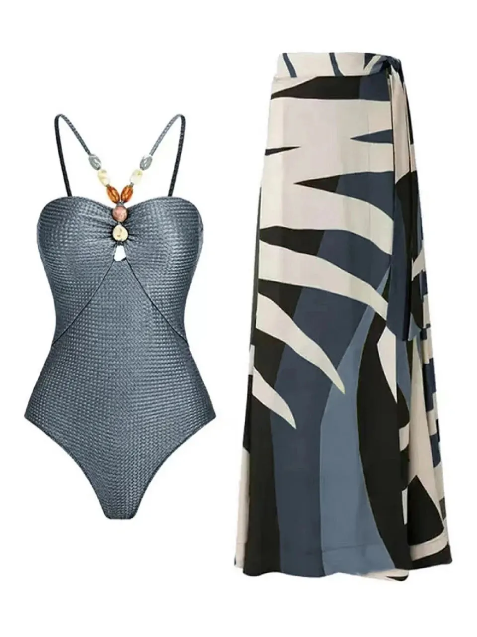 Beachy Drawstring Bodysuit With Long Skirt Swimwear