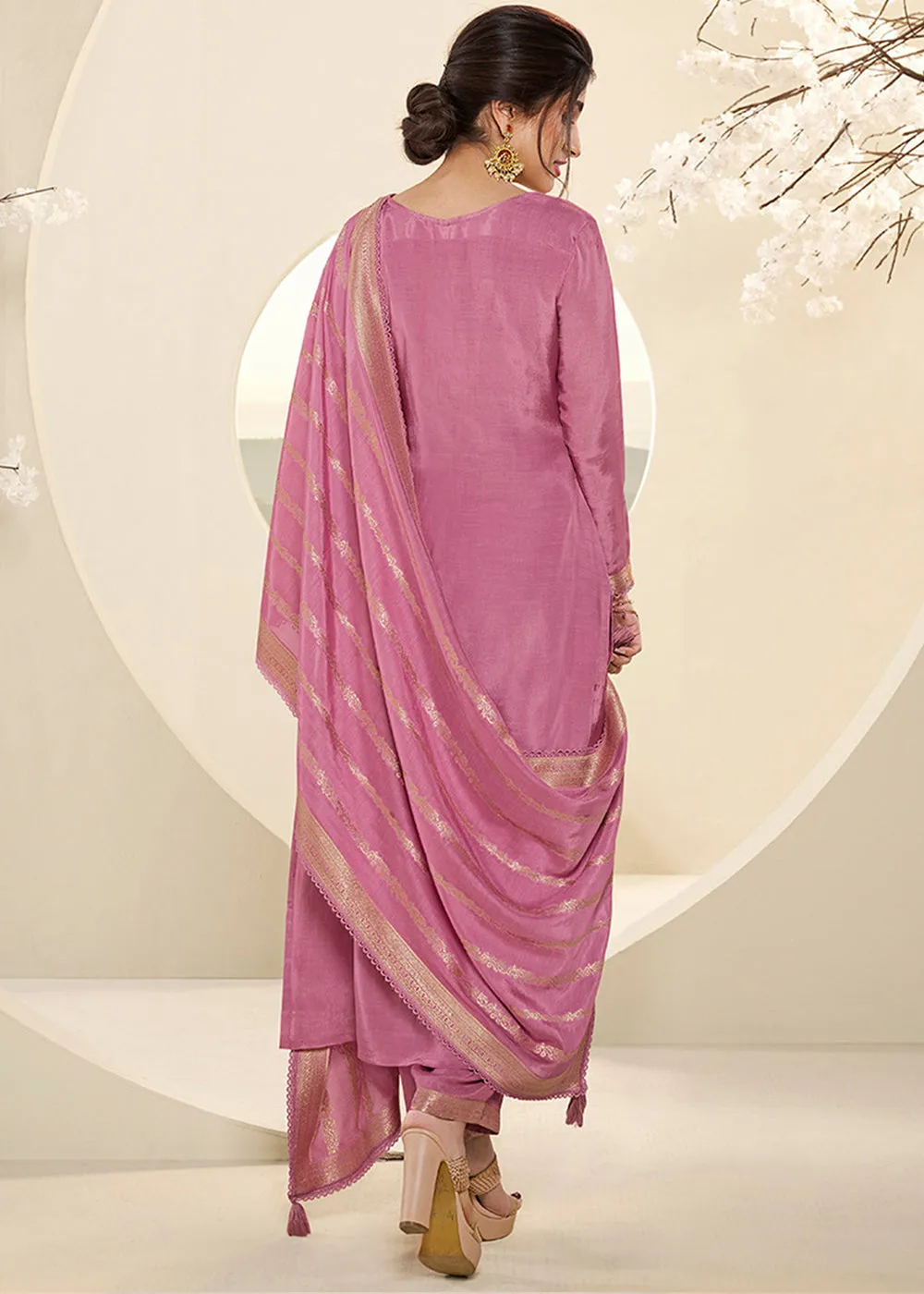 Beautiful Pink Jacquard Muslin Suit with Buttis & Handwork