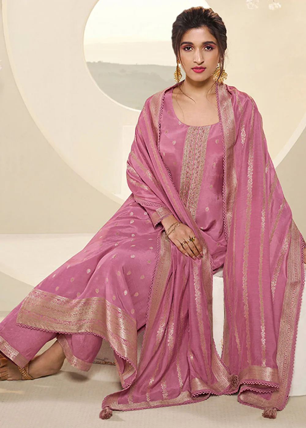 Beautiful Pink Jacquard Muslin Suit with Buttis & Handwork