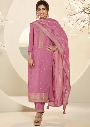 Beautiful Pink Jacquard Muslin Suit with Buttis & Handwork
