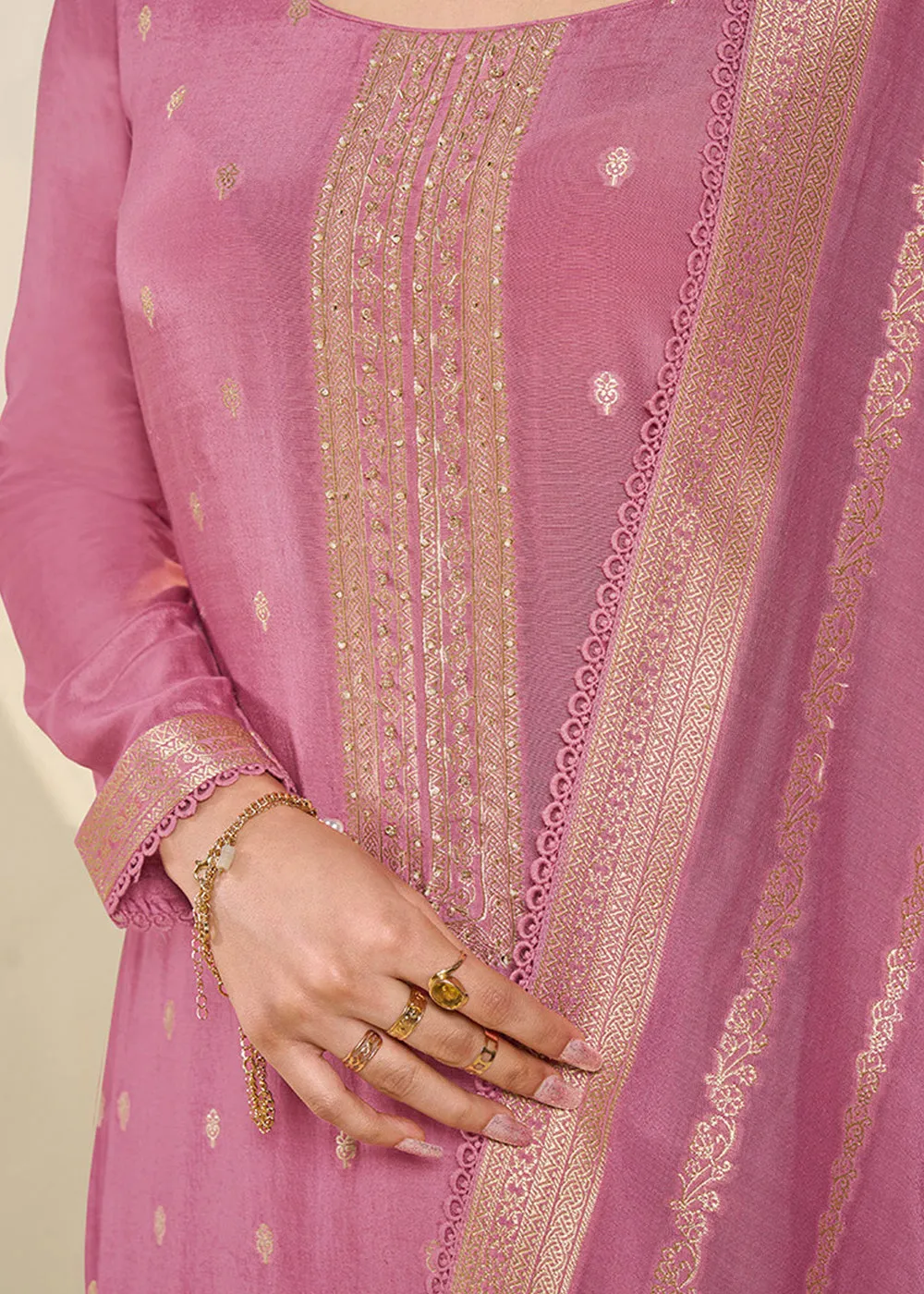 Beautiful Pink Jacquard Muslin Suit with Buttis & Handwork