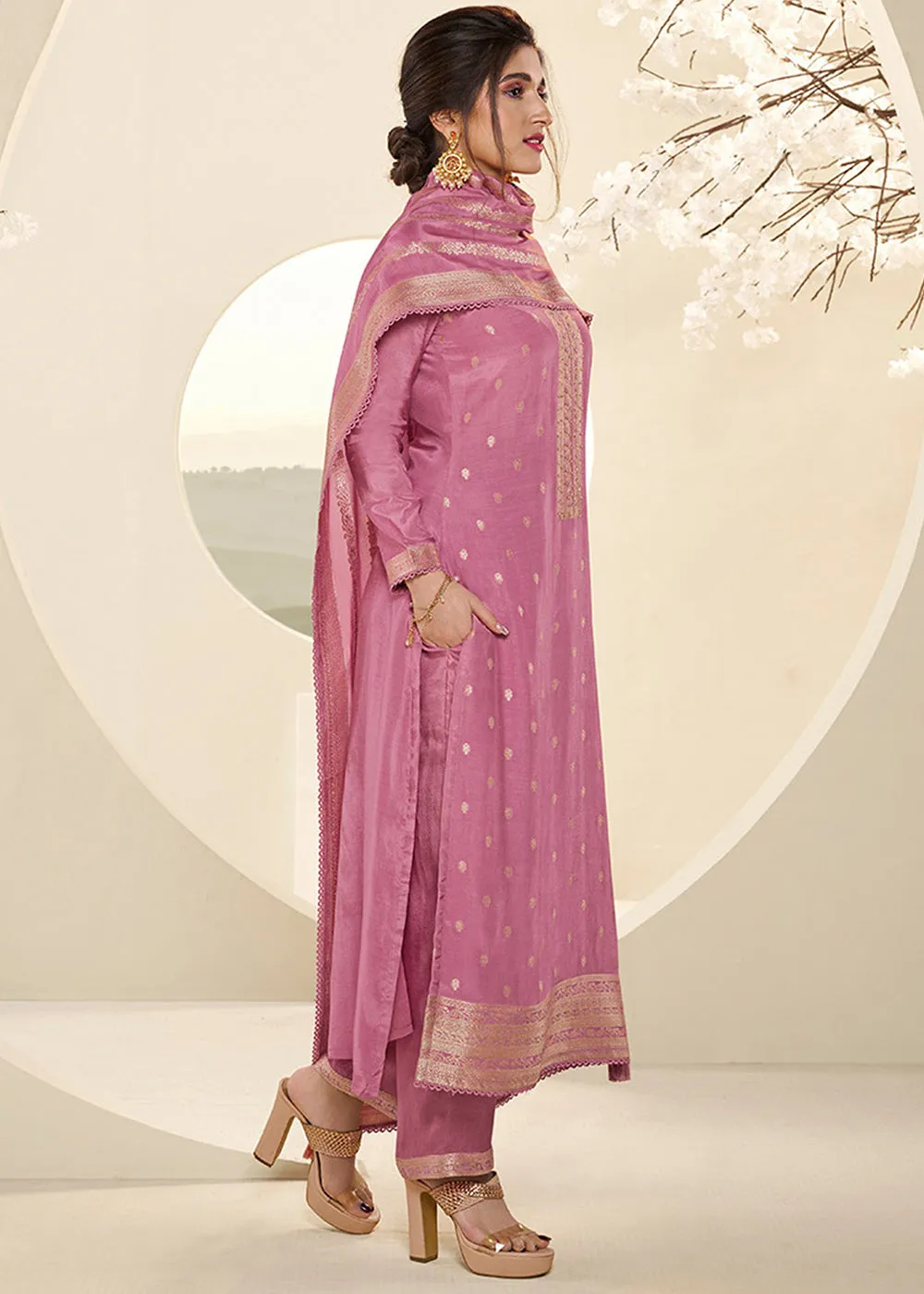 Beautiful Pink Jacquard Muslin Suit with Buttis & Handwork
