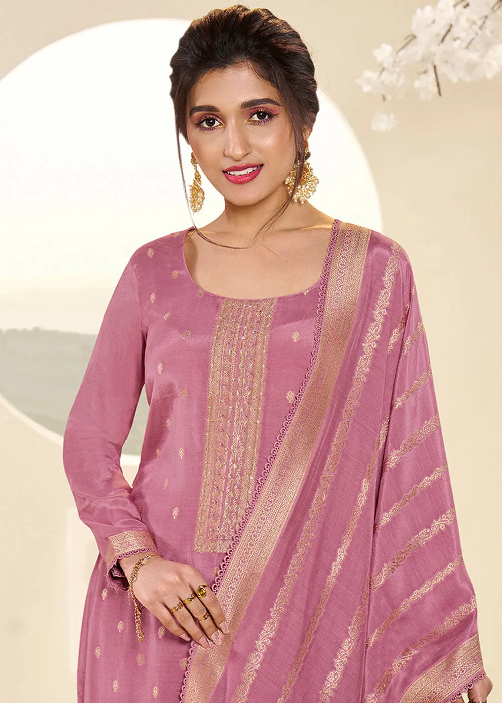 Beautiful Pink Jacquard Muslin Suit with Buttis & Handwork