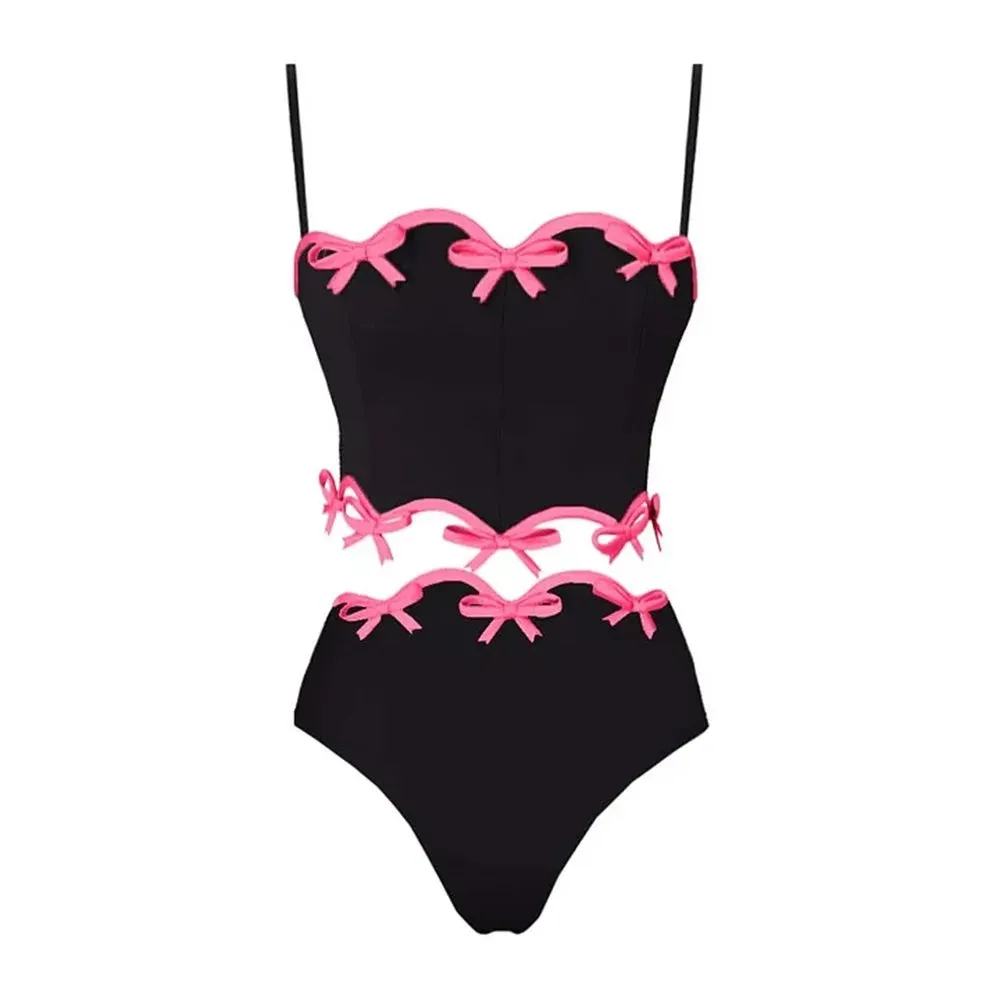 Black Bodycon Pink 3d Bow Bodysuit And Skirt Set