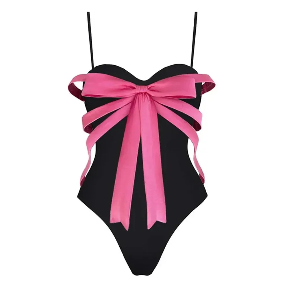 Black Bodycon Pink 3d Bow Bodysuit And Skirt Set