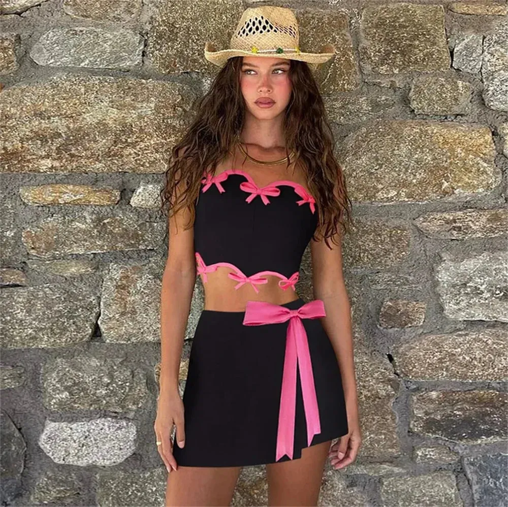 Black Bodycon Pink 3d Bow Bodysuit And Skirt Set
