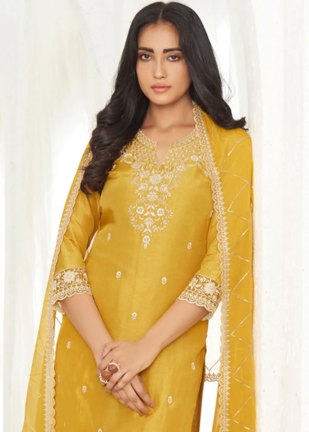 Canary Yellow Dola Silk Suit Featuring Designer Yoke & Beaded Handwork
