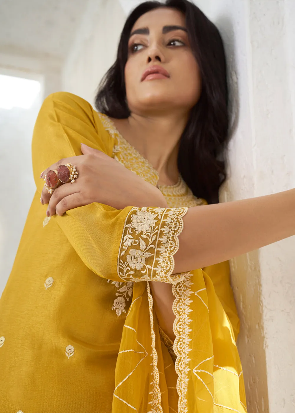 Canary Yellow Dola Silk Suit Featuring Designer Yoke & Beaded Handwork