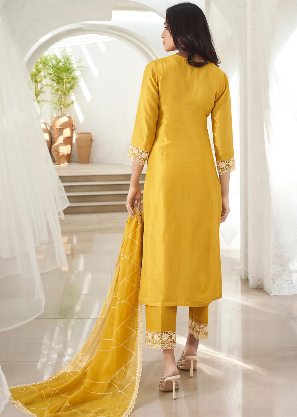 Canary Yellow Dola Silk Suit Featuring Designer Yoke & Beaded Handwork