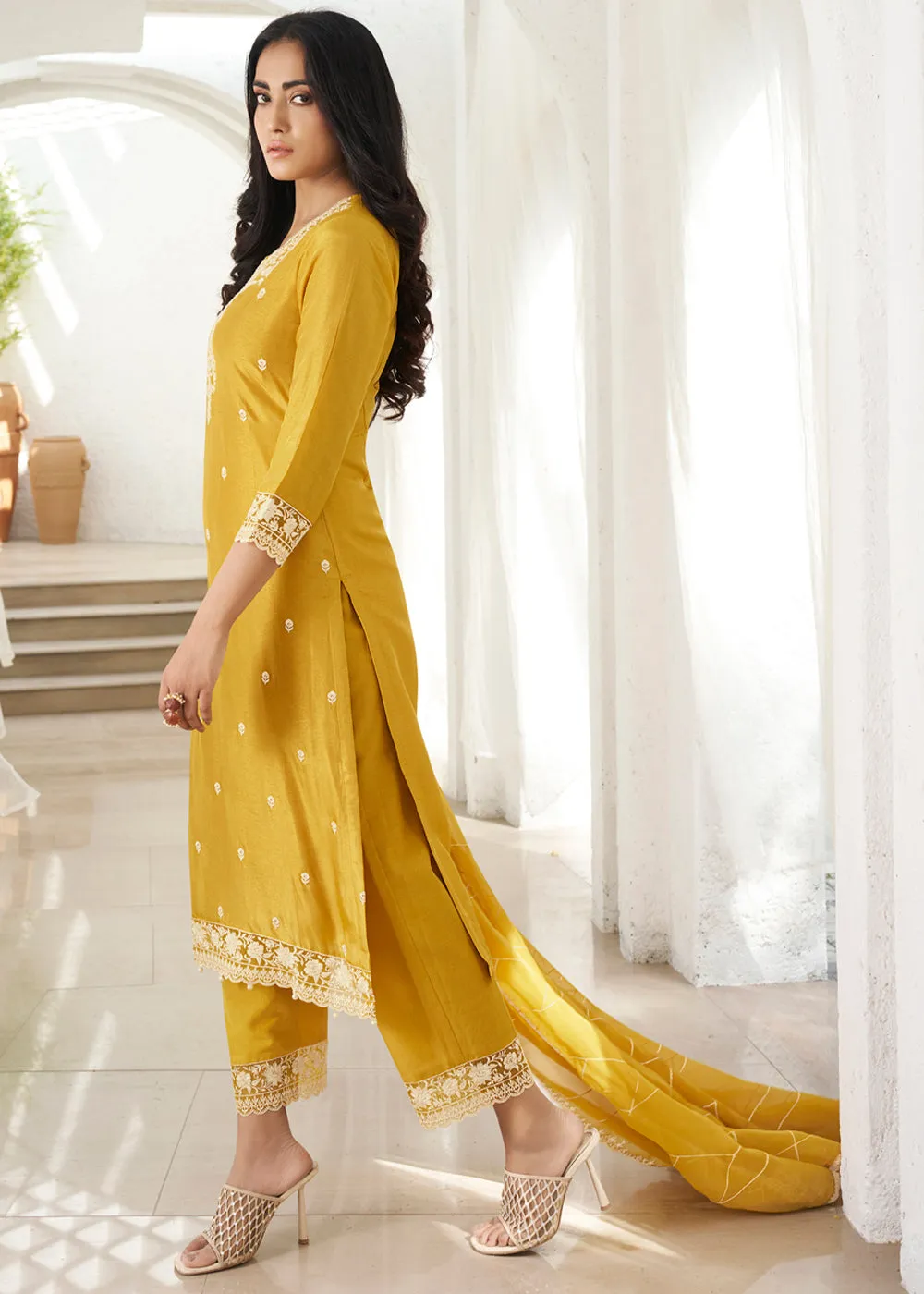 Canary Yellow Dola Silk Suit Featuring Designer Yoke & Beaded Handwork