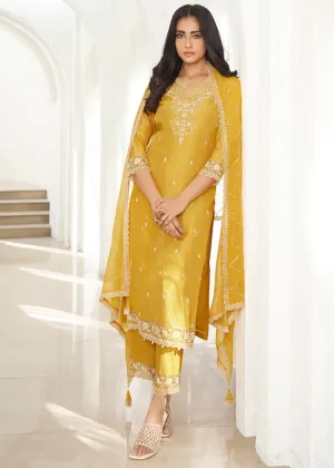 Canary Yellow Dola Silk Suit Featuring Designer Yoke & Beaded Handwork