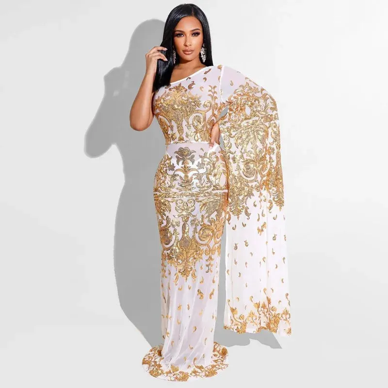 Design Beaded Embroidery Mesh Oblique Shoulder Perspective Gauze Dress