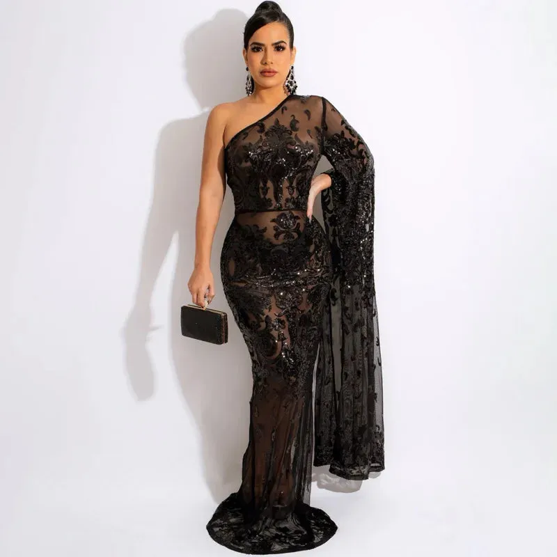 Design Beaded Embroidery Mesh Oblique Shoulder Perspective Gauze Dress