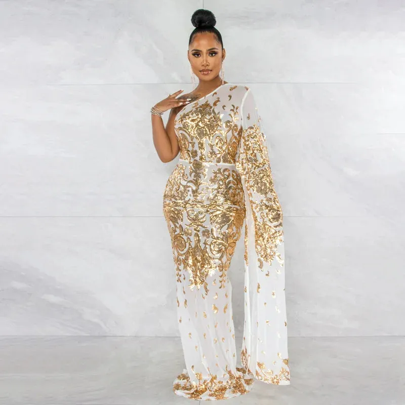 Design Beaded Embroidery Mesh Oblique Shoulder Perspective Gauze Dress