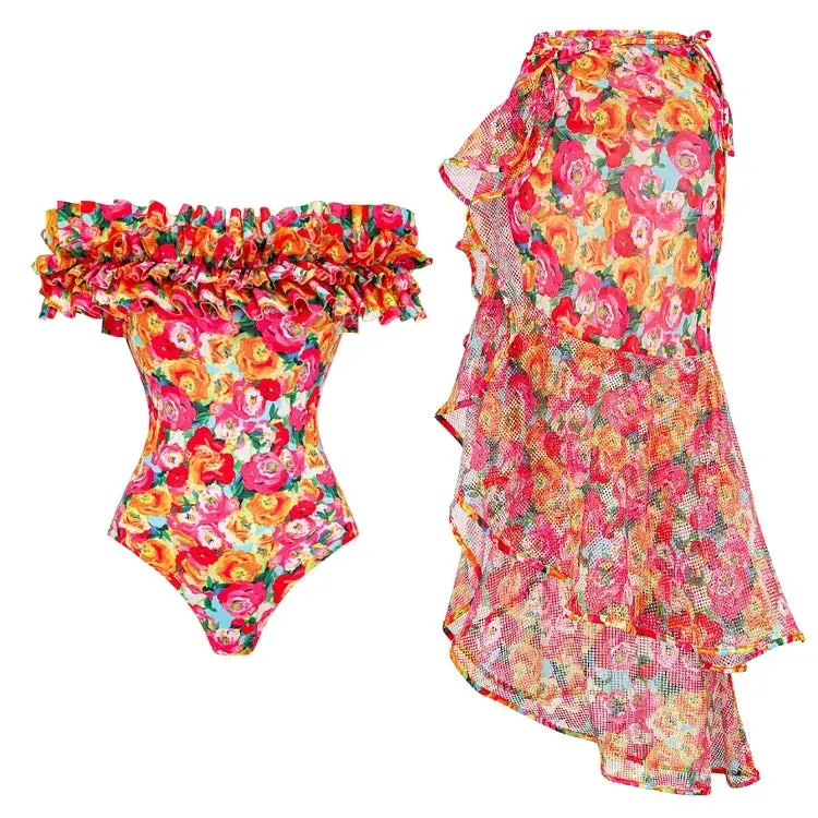 Floral Printed Ruffle One Piece Slimming Beach Wear