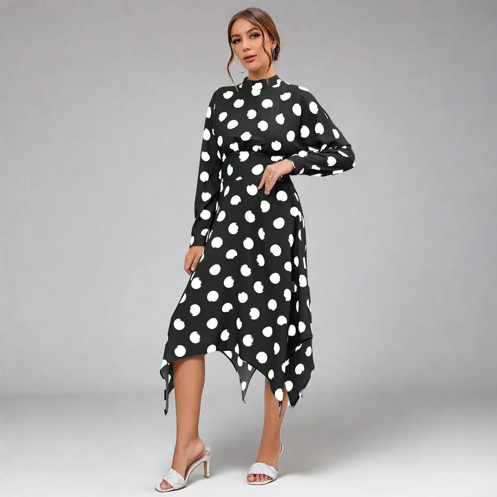 Long Sleeve Polka Dot Dress Fashion Elegant Print Tightening Belt  Long Dresses