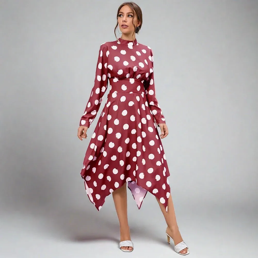 Long Sleeve Polka Dot Dress Fashion Elegant Print Tightening Belt  Long Dresses