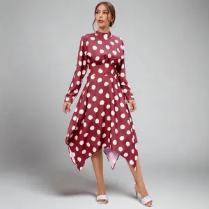 Long Sleeve Polka Dot Dress Fashion Elegant Print Tightening Belt  Long Dresses