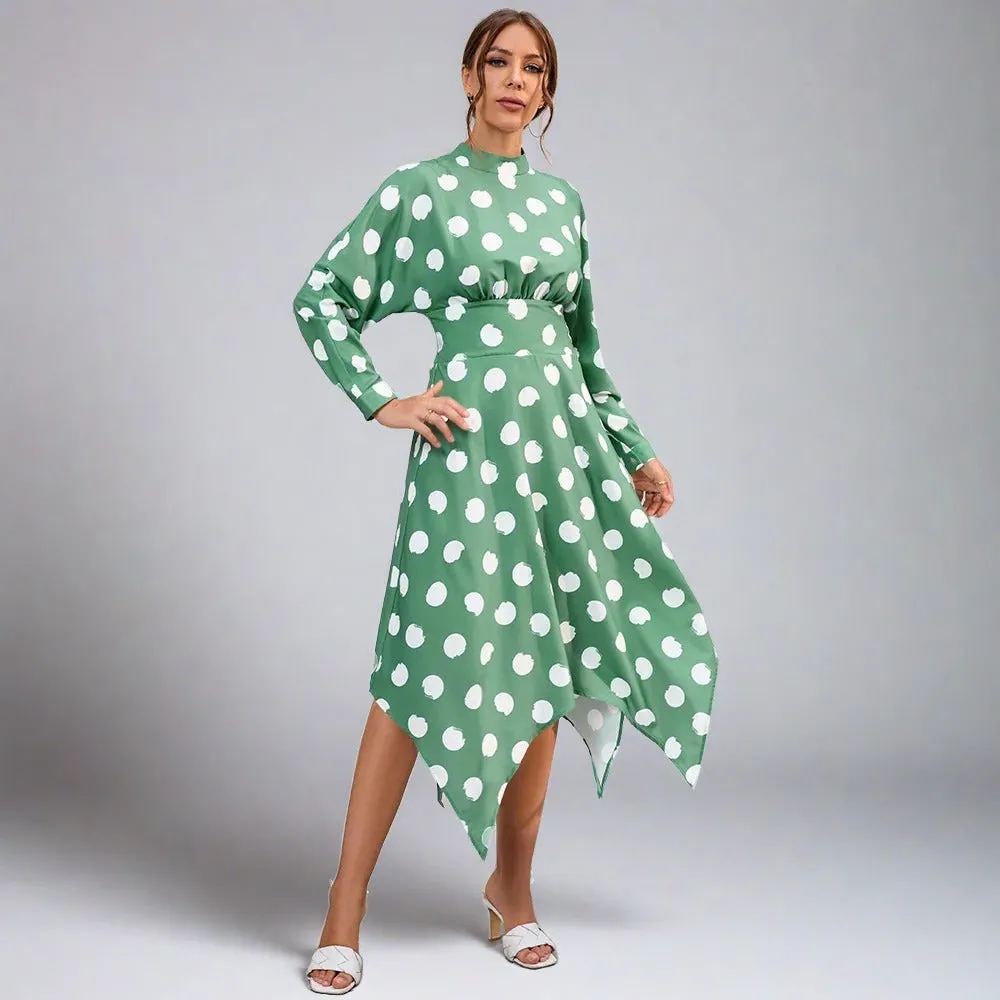 Long Sleeve Polka Dot Dress Fashion Elegant Print Tightening Belt  Long Dresses