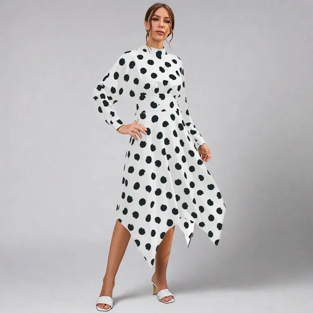 Long Sleeve Polka Dot Dress Fashion Elegant Print Tightening Belt  Long Dresses
