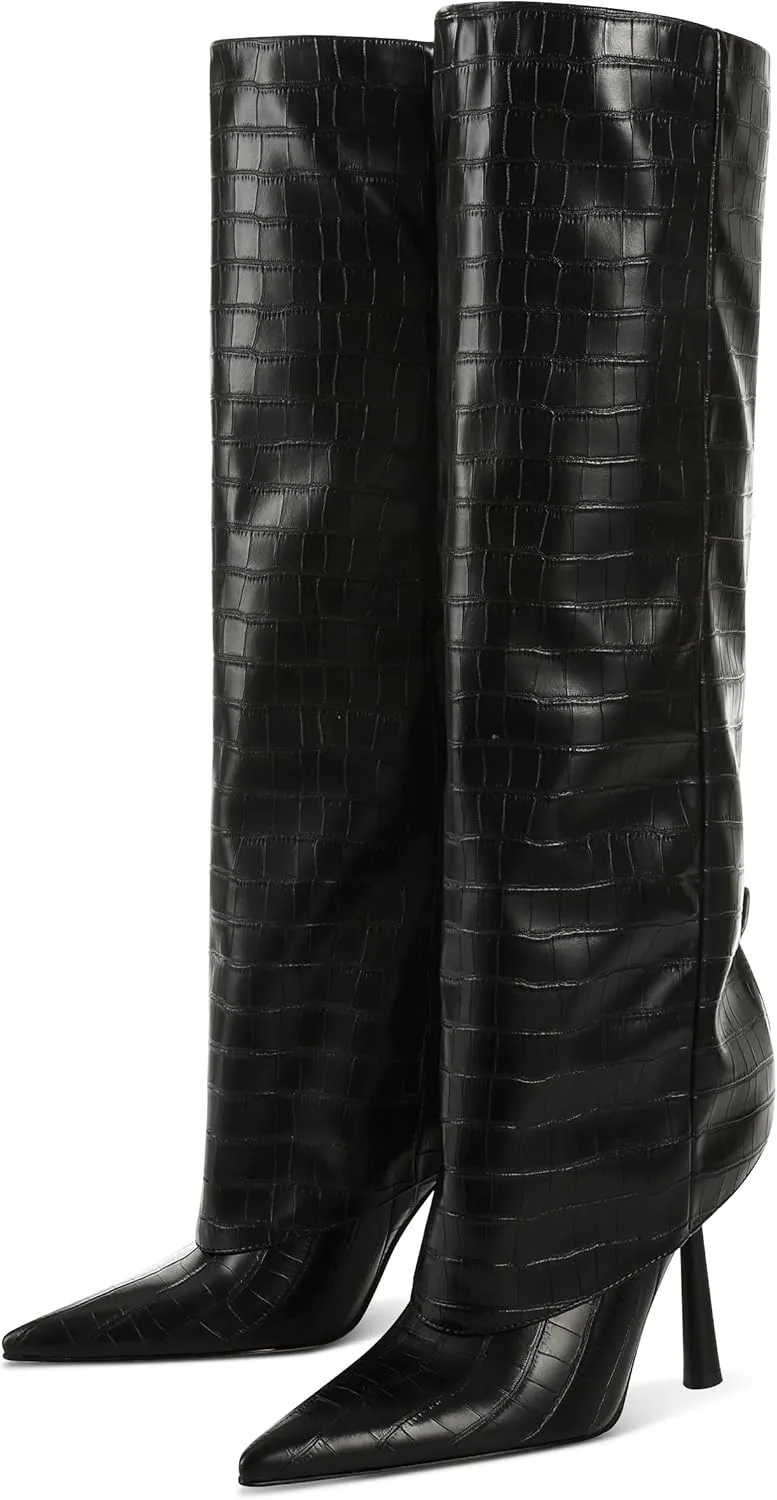 Oiamenne Knee High Boots Women's Fold Over Boots Pointed Toe Stiletto Heel Tall Boots Slip On Sexy Long Boots Fashion Dress Boots for Women