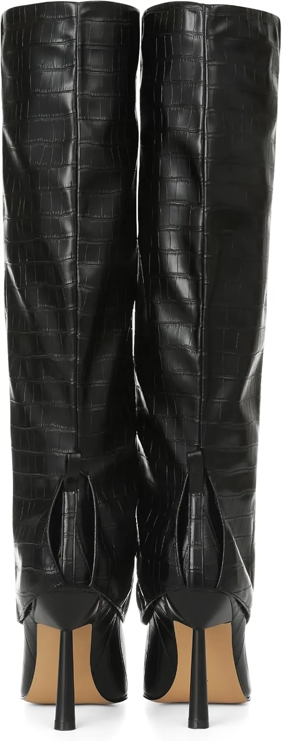 Oiamenne Knee High Boots Women's Fold Over Boots Pointed Toe Stiletto Heel Tall Boots Slip On Sexy Long Boots Fashion Dress Boots for Women