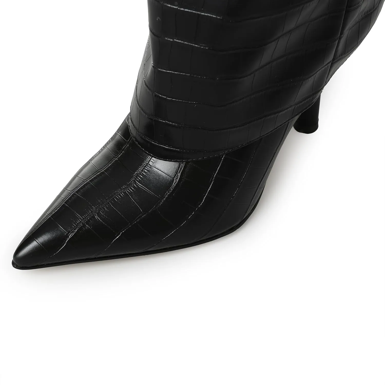 Oiamenne Knee High Boots Women's Fold Over Boots Pointed Toe Stiletto Heel Tall Boots Slip On Sexy Long Boots Fashion Dress Boots for Women