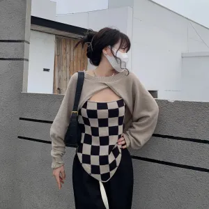 Plaid knit halter vest   sweater two piece set