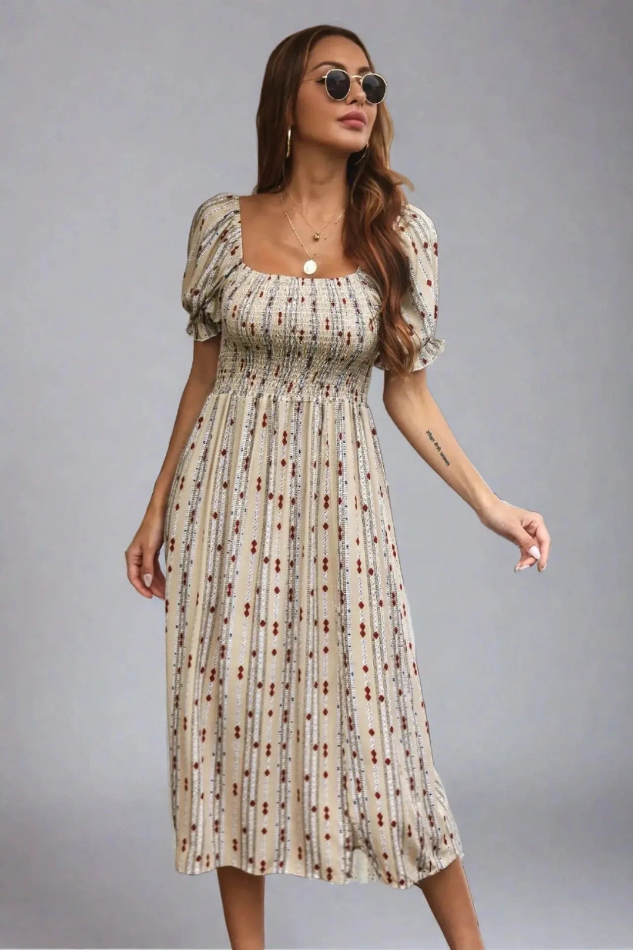 Square Collar Short Sleeves Slit Printed Bubble Sleeve Dress