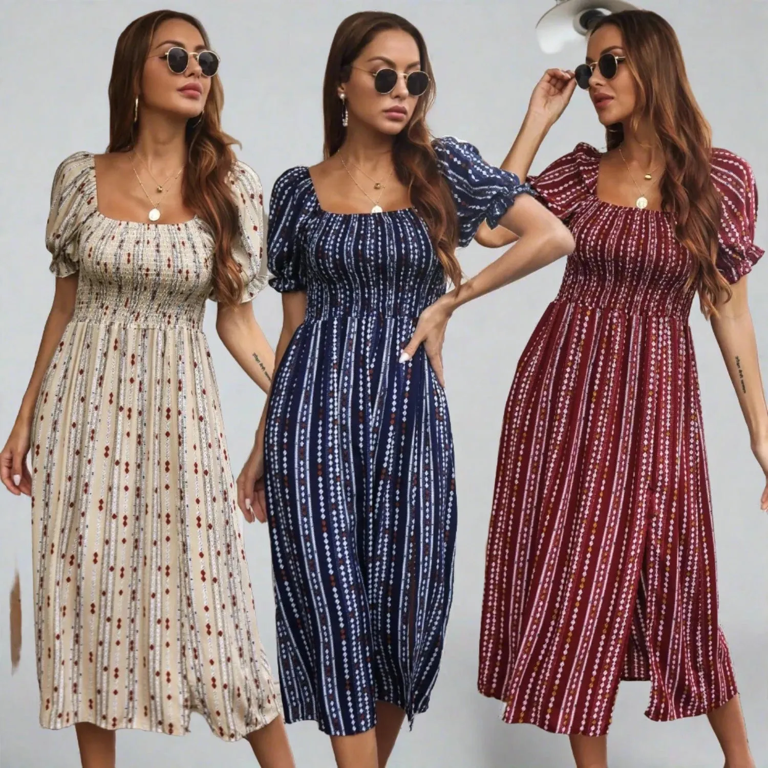 Square Collar Short Sleeves Slit Printed Bubble Sleeve Dress