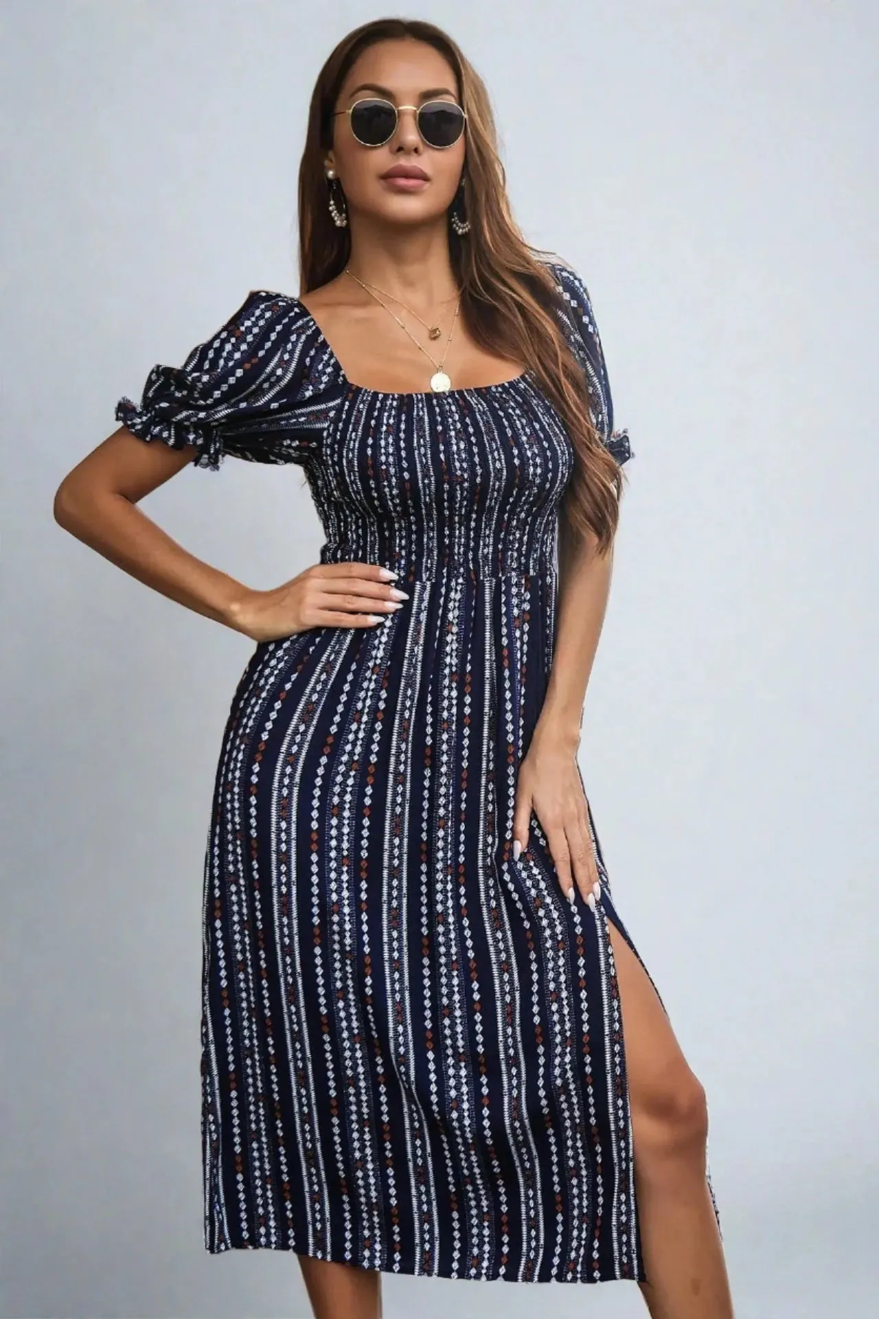Square Collar Short Sleeves Slit Printed Bubble Sleeve Dress