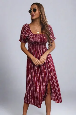 Square Collar Short Sleeves Slit Printed Bubble Sleeve Dress