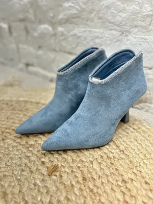The Halo Faux Suede Boot With Diamante Rim And Zip back In Blue