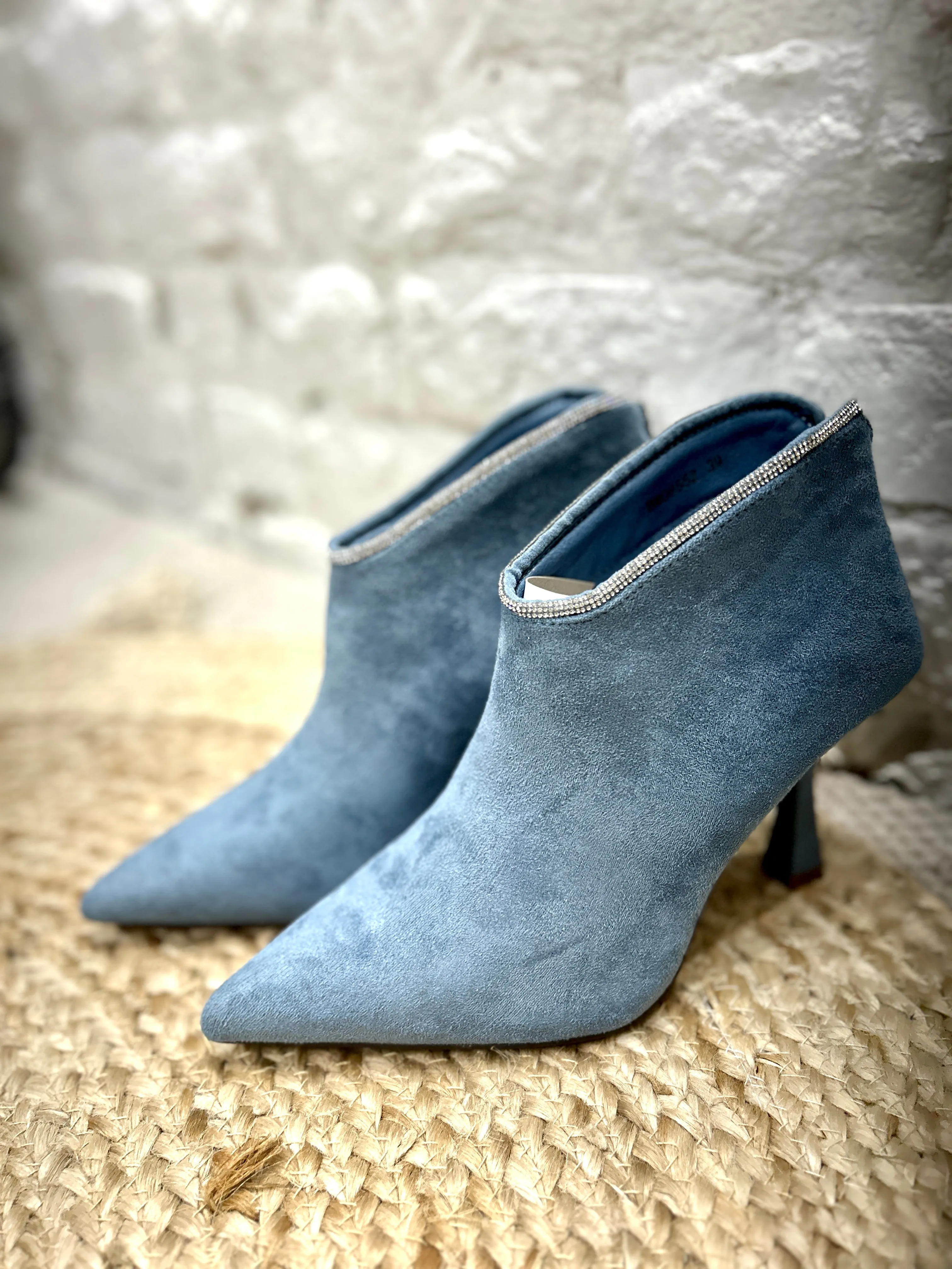 The Halo Faux Suede Boot With Diamante Rim And Zip back In Blue