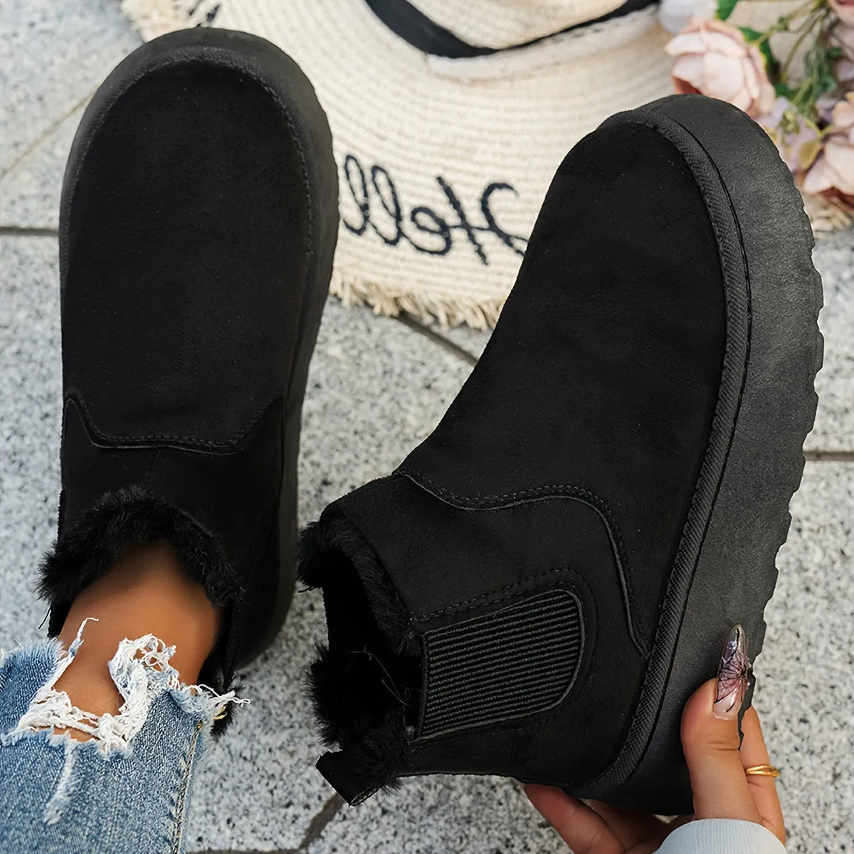 Women's Winter Snow Boots with Plush Faux Fur Lining, Solid Color, Fabric Upper, PVC Sole, Comfortable for Cold Weather